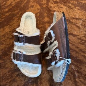birkenstock arizona genuine shearling lined slide sandals